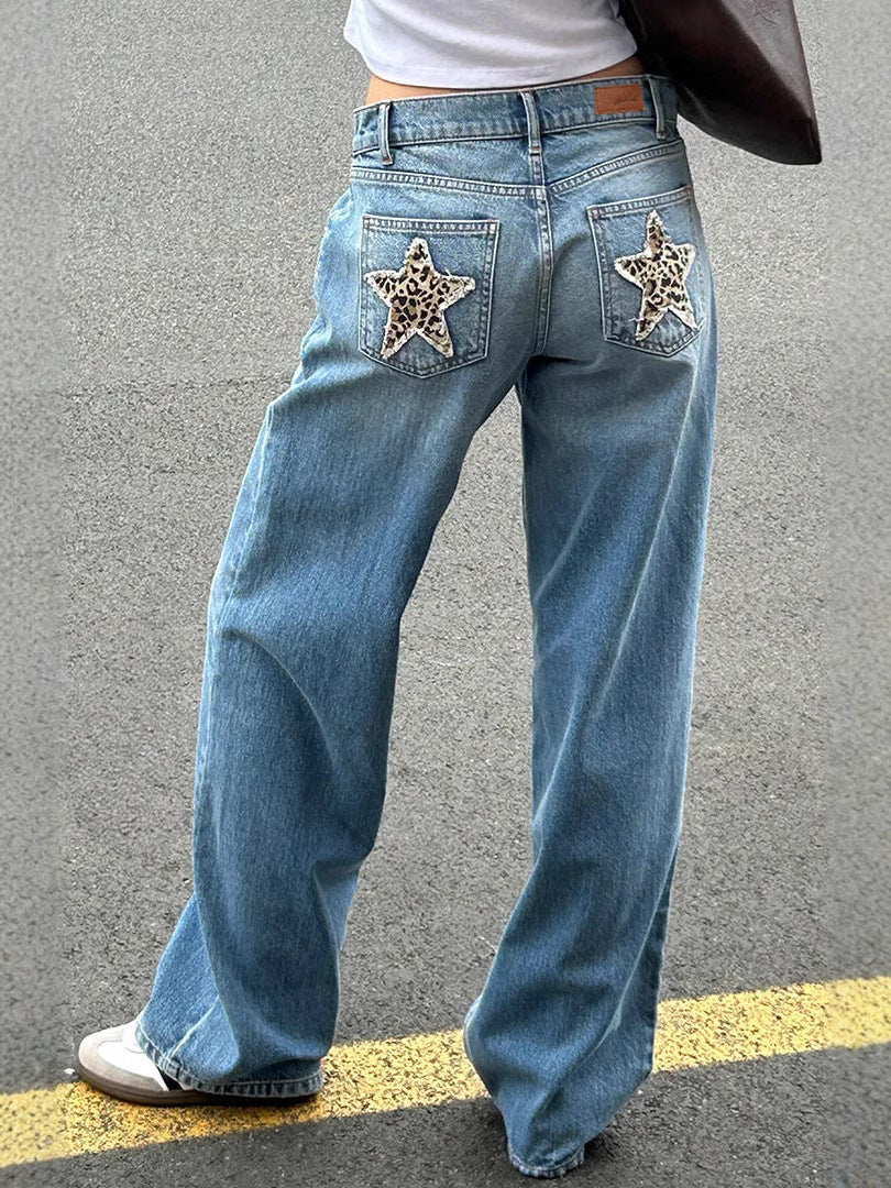 Retro Street Leopard Print XINGX Patchwork Stitching Straight Jeans