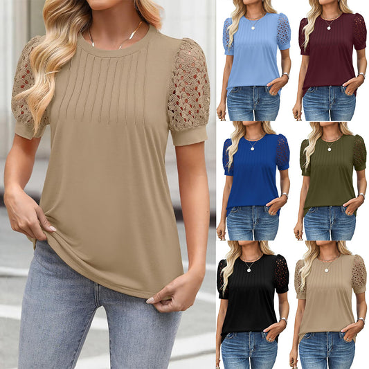 Round Neck Short Sleeve Loose T-shirt Lace Stitching Coat