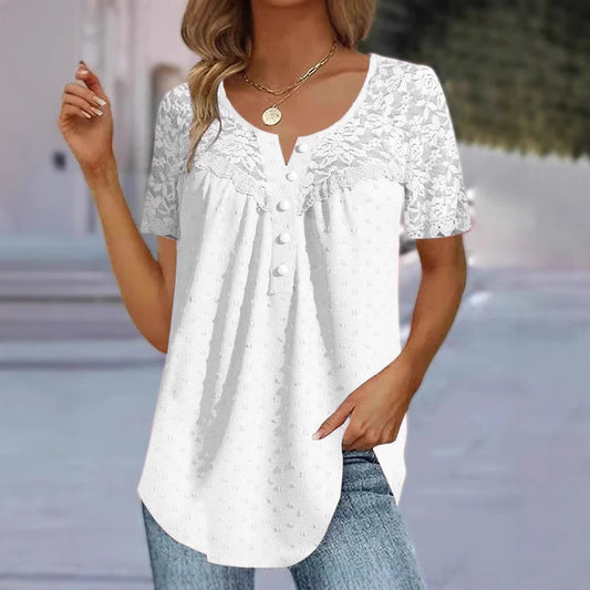 European And American Women's Clothing Lace V-neck Patchwork T-shirt