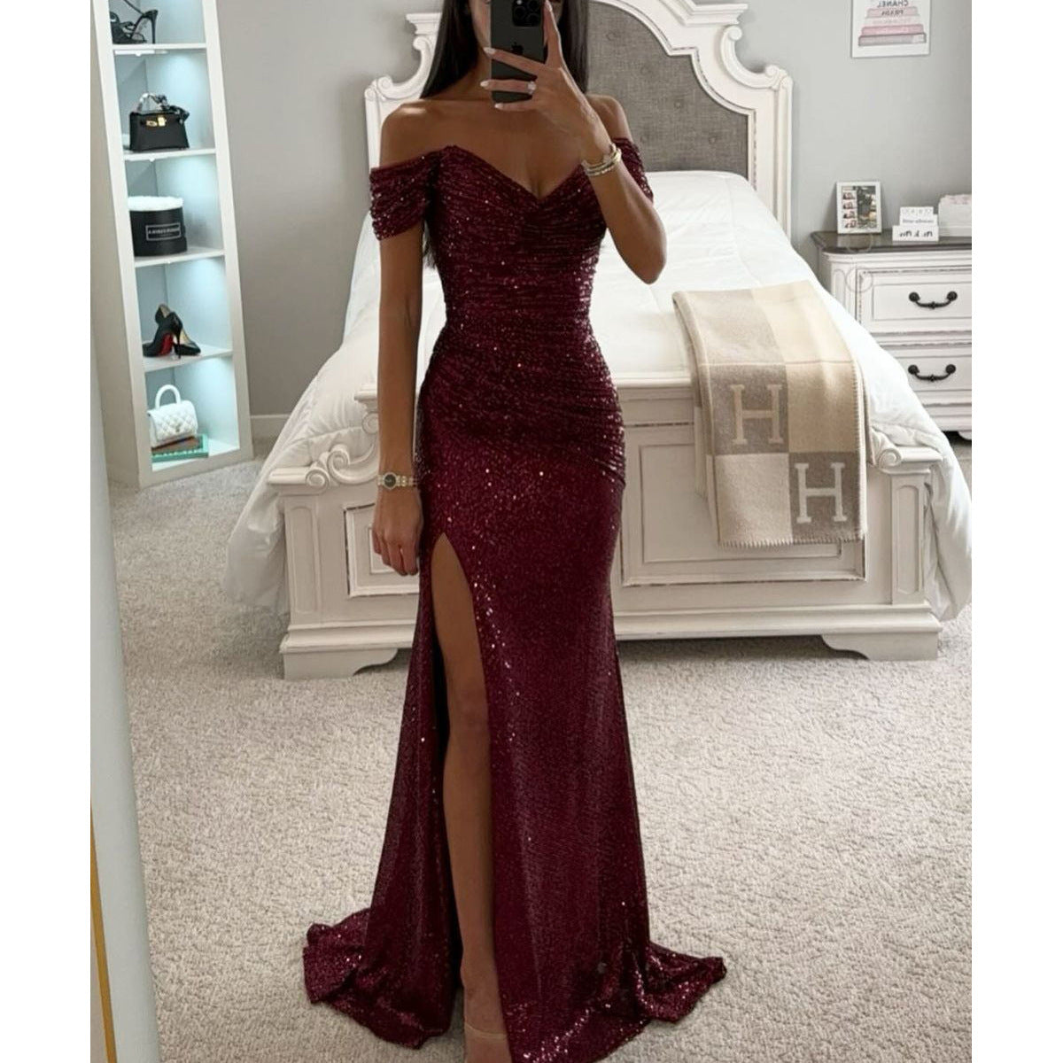 Party Sequins Off-neck Split Dress .Casual Fashion Dress For Women