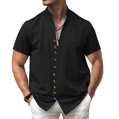 Linen Button Stand Collar Short Sleeve Shirt
