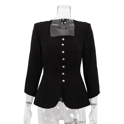 Square Collar Slimming Black Coat