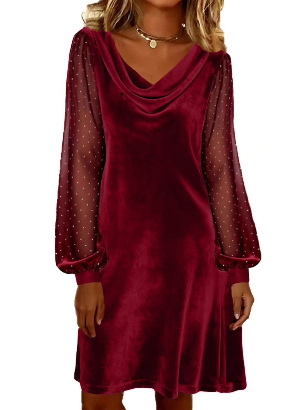 Womens Solid-Color V-Neck Mesh Dress