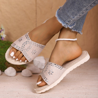 Plus Size Rhinestone Platform Slippers Casual Round Toe Canvas Sandals