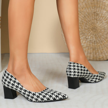 Houndstooth High Heels Women Low-cut Chunky Heel Shoes