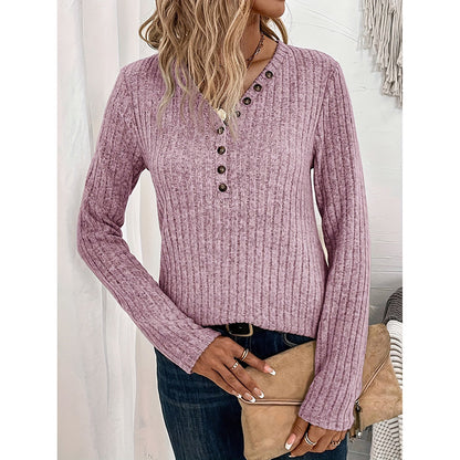 Womens Long Sleeves Ribbed Knit Tunic Shirts V Neck Button Down Slim Fit Blouses Tops