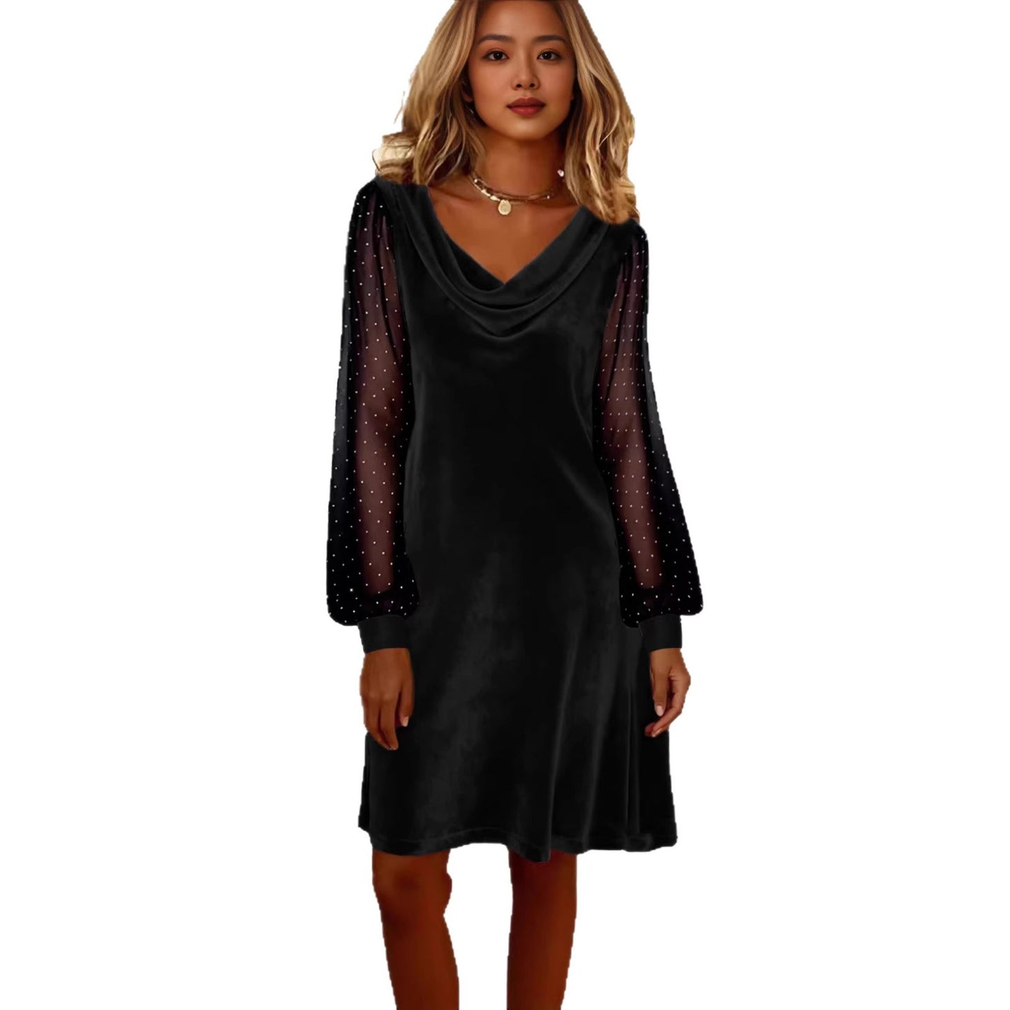 Womens Solid-Color V-Neck Mesh Dress
