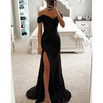 Party Sequins Off-neck Split Dress .Casual Fashion Dress For Women